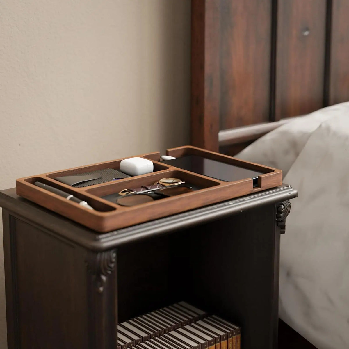 Wooden Desktop Organiser Tray with 4 Compartments – Desk & Accessories Storage Box