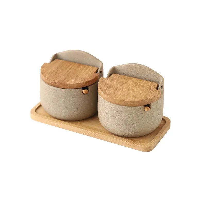 Japanese Style Ceramic Seasoning Jar Set – Bamboo Lid Spice Container with Spoon