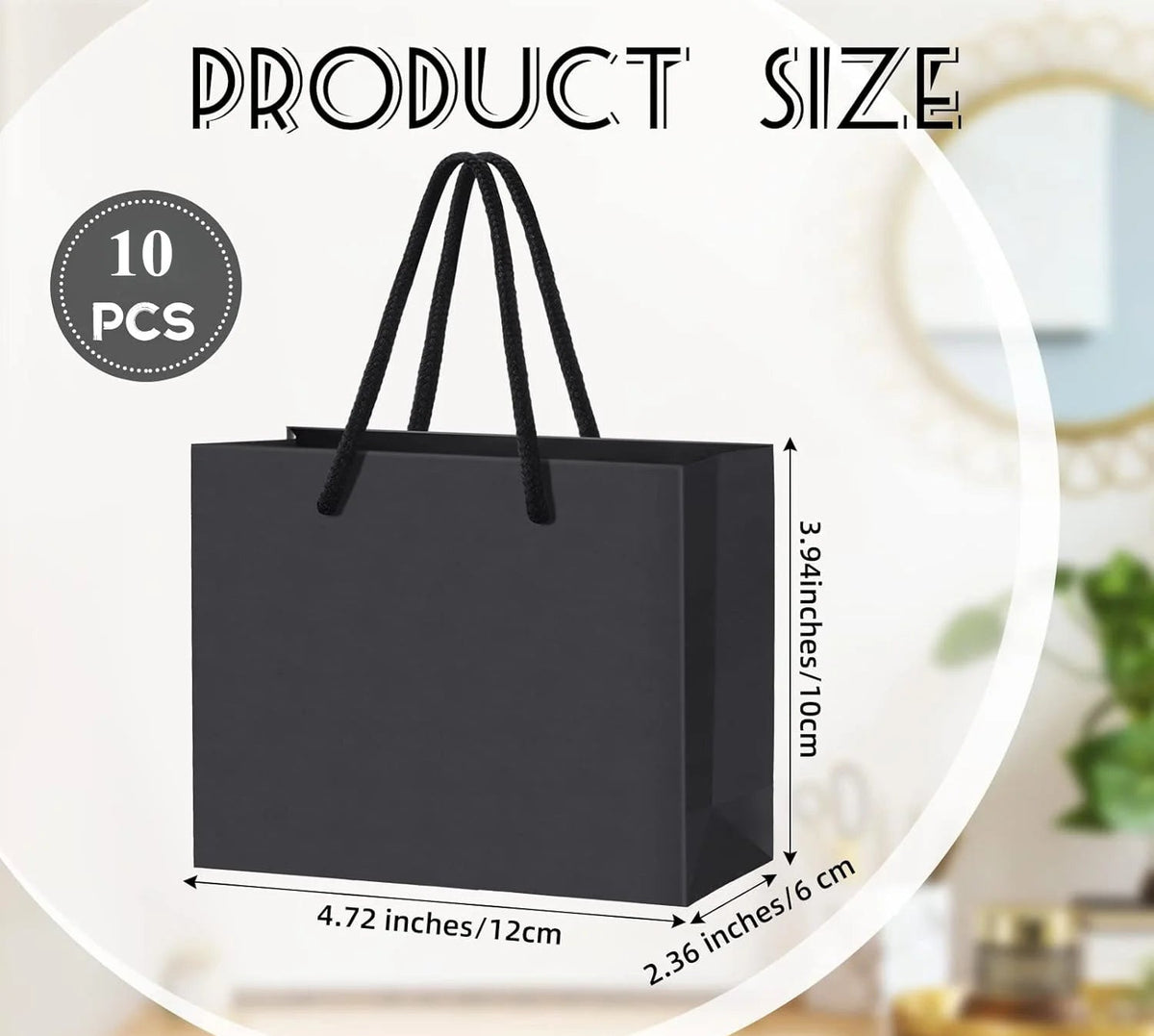10 Pack Black Paper Gift Bags with Rope Handles – Small Boutique & Party Gift Bags (12 × 6 × 10cm)