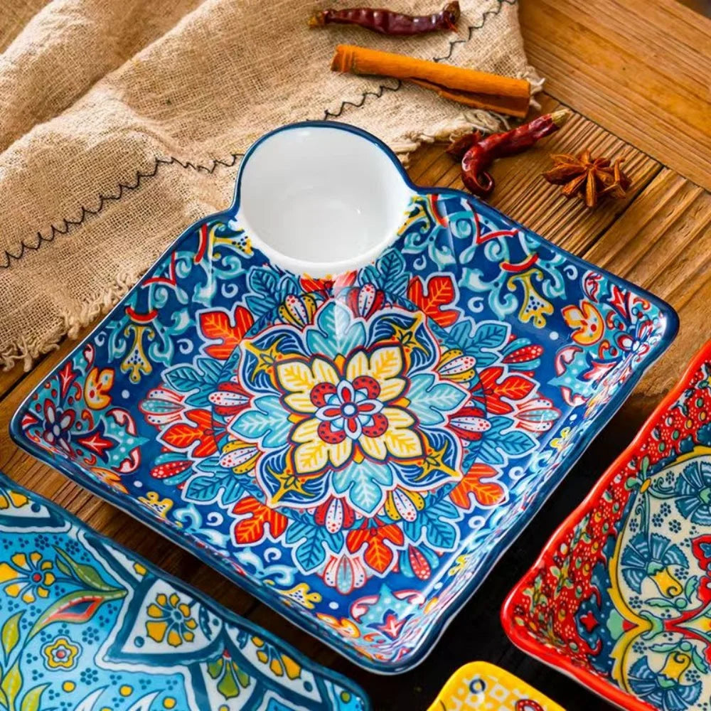 Bohemian Dumpling Plate with Dipping Sauce Compartment
