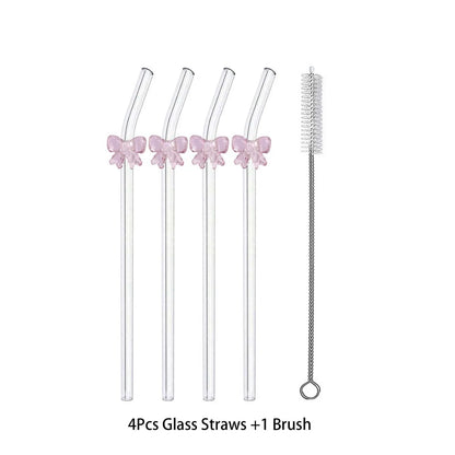 Cute Glass Drinking Straw – Reusable Cherry & Bow Design