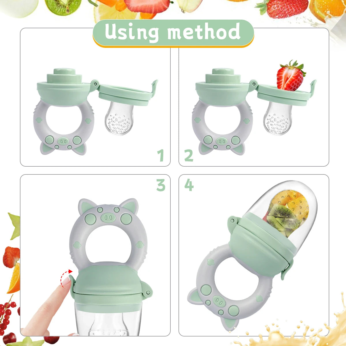 4-Pack Silicone Baby Fruit Feeder & Teether Set – Food Grade Feeding Pacifiers