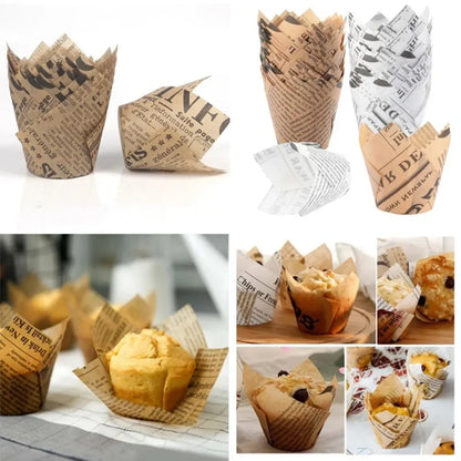50-Pack Newspaper Print Tulip Cupcake Liners – Greaseproof Baking Cups
