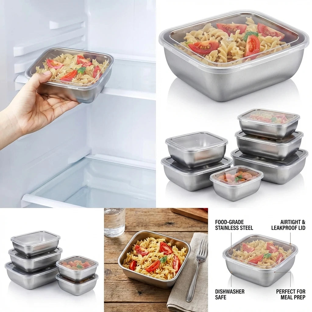 5-Piece Stainless Steel Food Storage Container Set – Stackable Meal Prep & Lunch Boxes