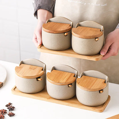 Japanese Style Ceramic Seasoning Jar Set – Bamboo Lid Spice Container with Spoon