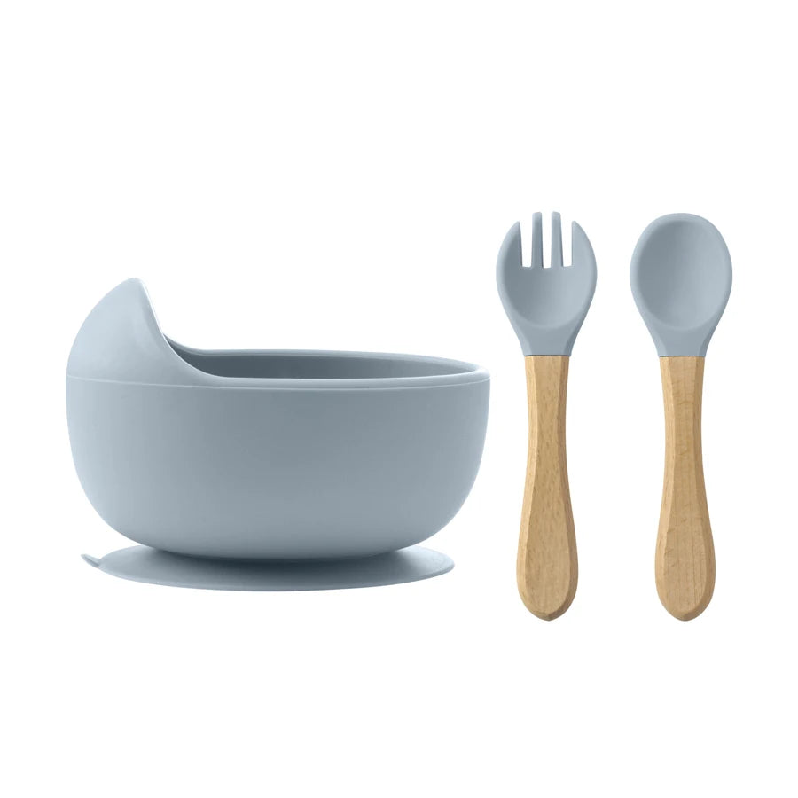 3-Piece Silicone Baby Suction Bowl Set – Bowl, Wooden Spoon & Fork