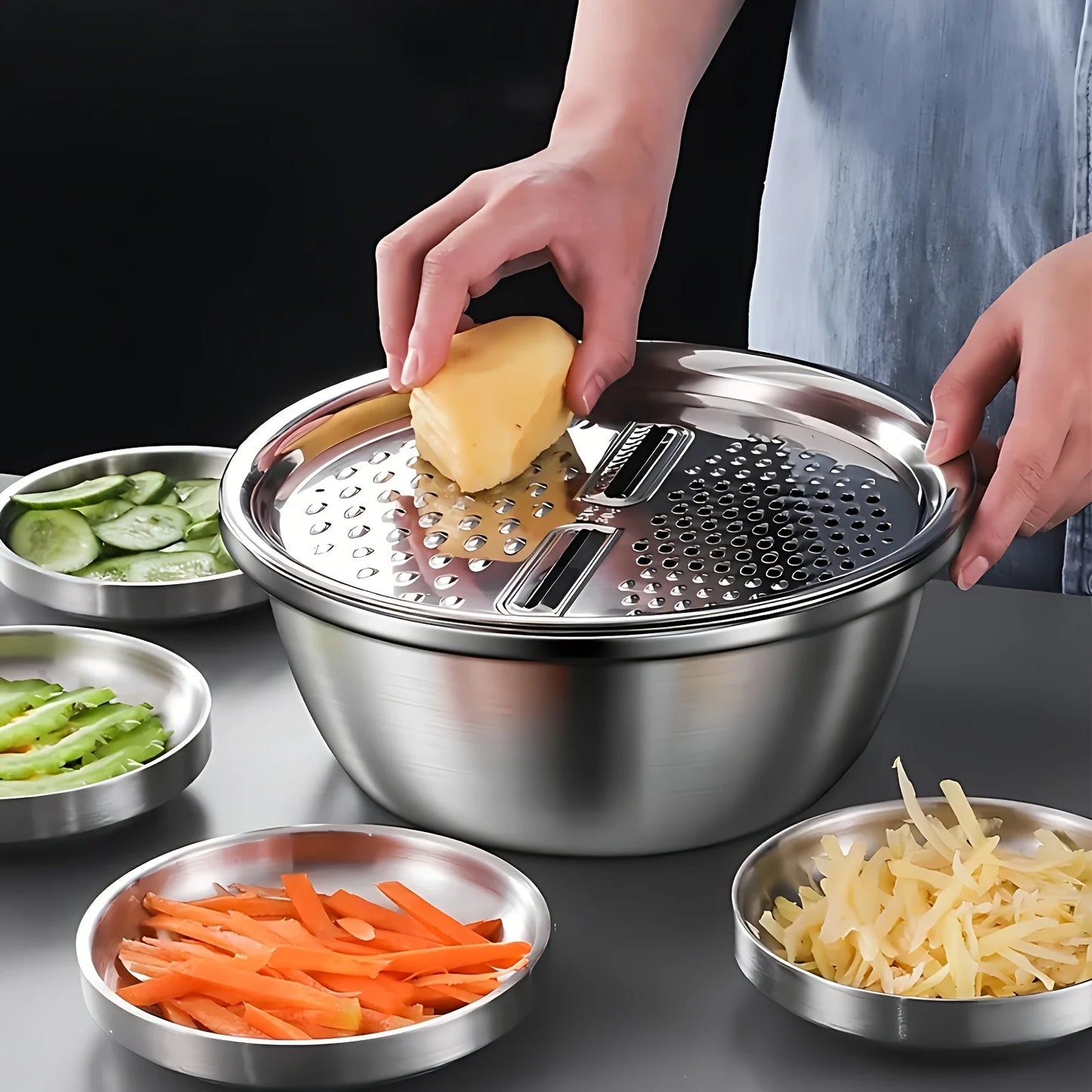3-Piece Stainless Steel Mixing Bowl, Colander & Vegetable Slicer Set