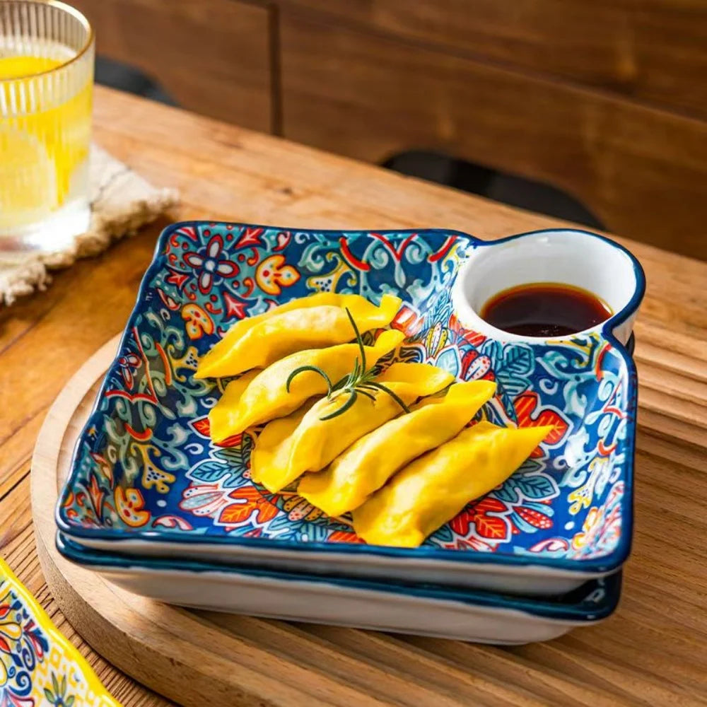 Bohemian Dumpling Plate with Dipping Sauce Compartment
