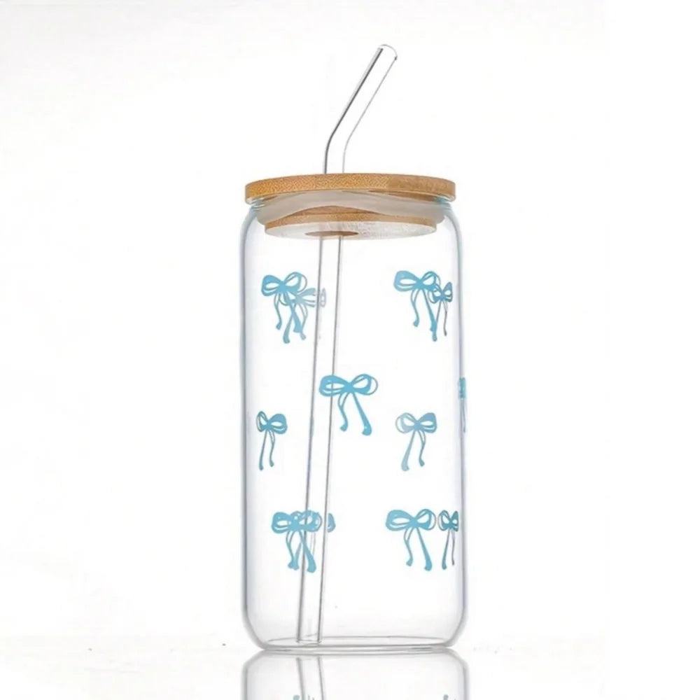 Pink Bow Glass Tumbler with Lid & Straw – 500ml Cute Iced Coffee Cup