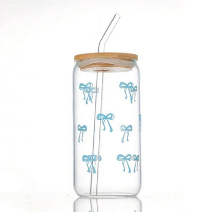 Pink Bow Glass Tumbler with Lid & Straw – 500ml Cute Iced Coffee Cup