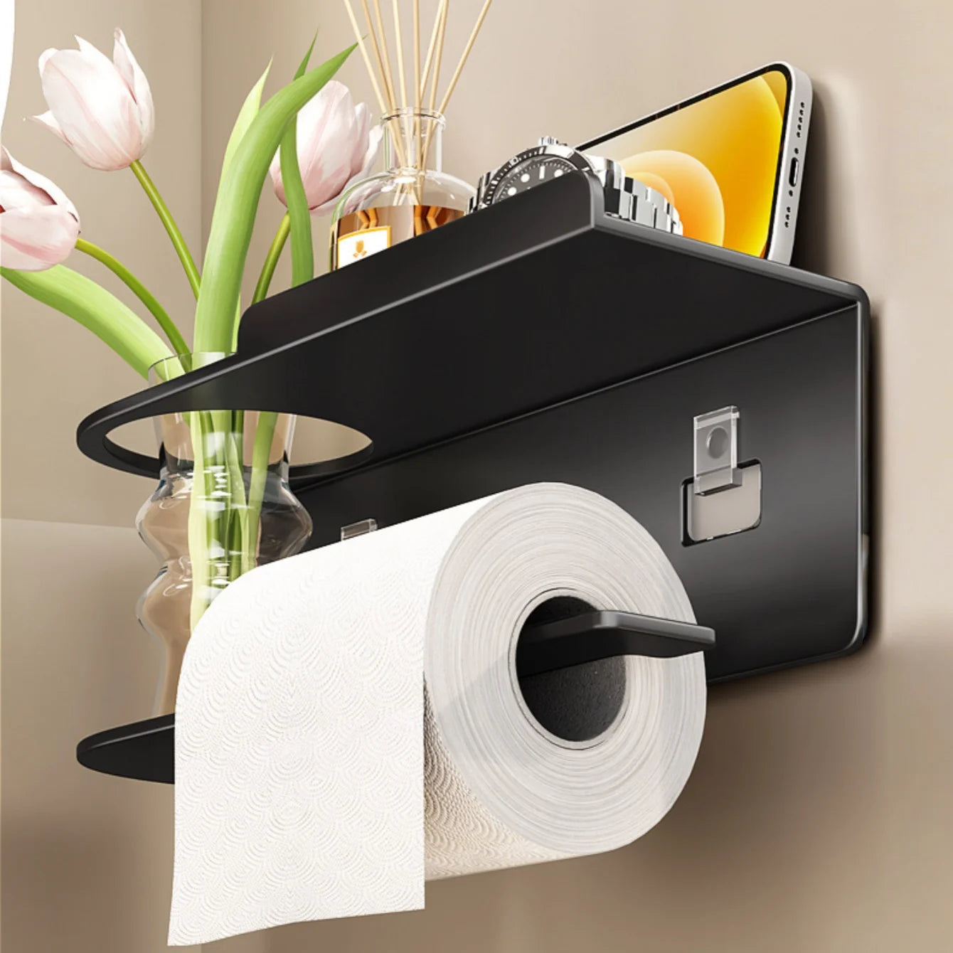 Self-Adhesive Toilet Paper Holder with Phone Shelf – Stainless Steel Wall Mount