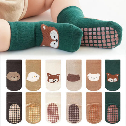 6-Pairs Kids Non-Slip Socks – Cute Fox & Bear Grip Socks for Babies & Toddlers