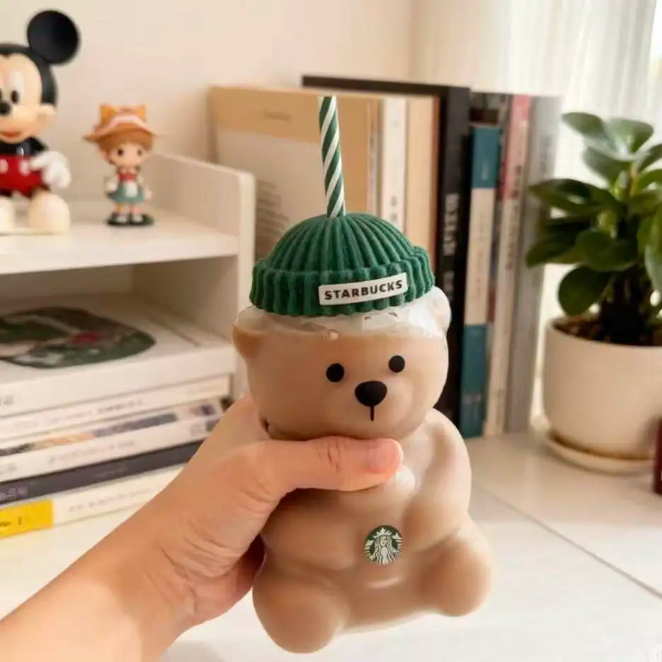 Bearista Bear Glass Tumbler with Straw – 591ml / 20oz Iced Coffee & Cold Drink Cup