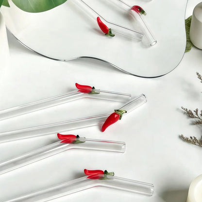 Chilli Pepper Glass Drinking Straws – Reusable Bent Straws for Cocktails, Juice & Iced Coffee