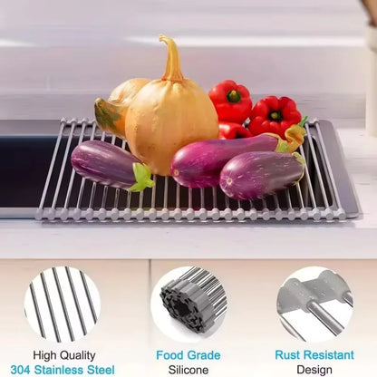 Roll-Up Stainless Steel Over-Sink Drying Rack – Foldable Dish Drainer & Food Prep Rack