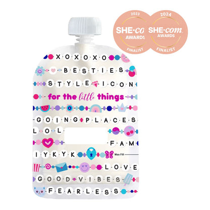 White pouch with colorful text and graphics on a white background