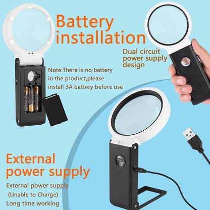LED Illuminated Magnifier Magnifying Glass 6X 25X with Light and Stand