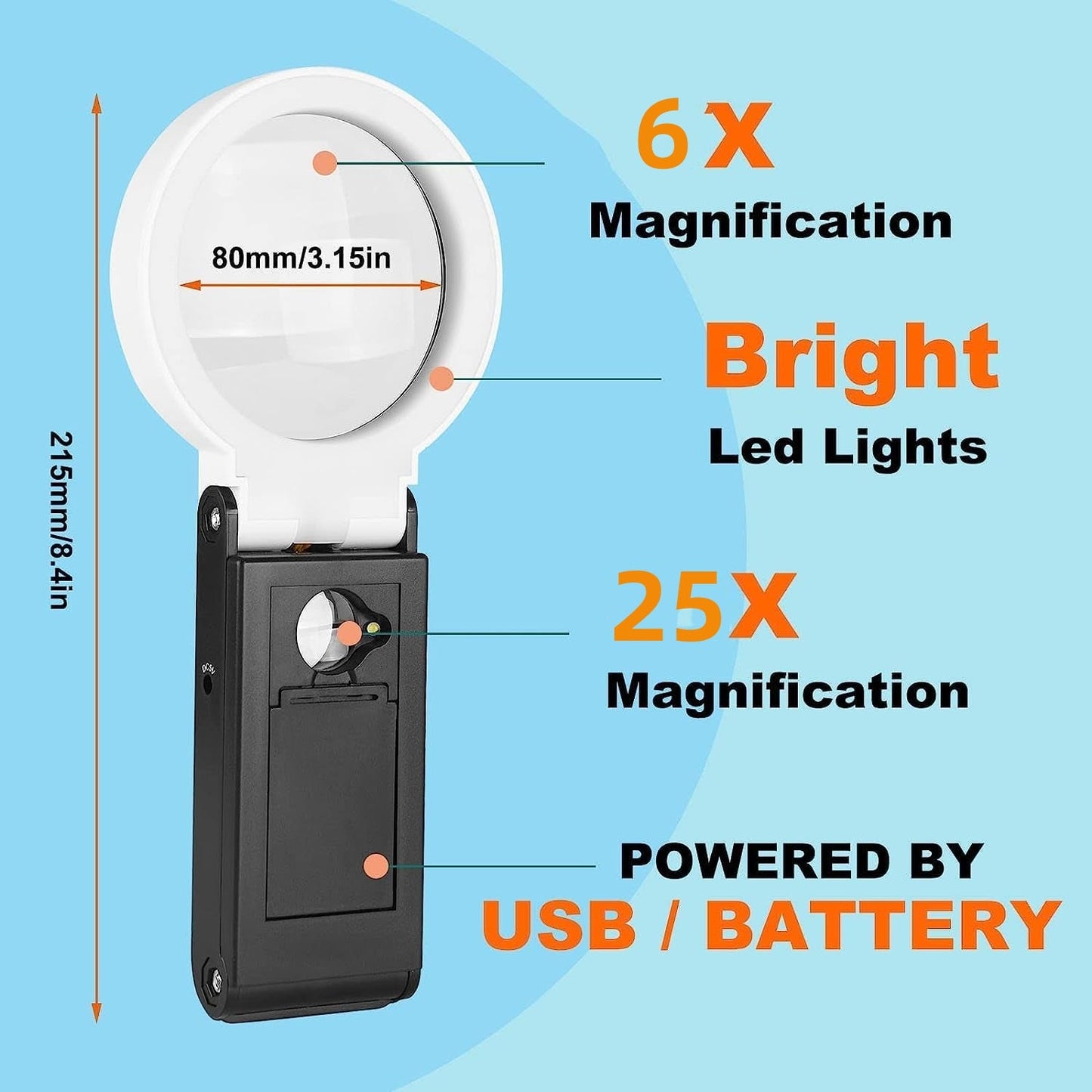 LED Illuminated Magnifier Magnifying Glass 6X 25X with Light and Stand