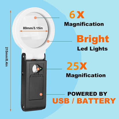 LED Illuminated Magnifier Magnifying Glass 6X 25X with Light and Stand