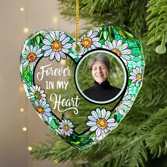 Custom Photo Floral Forever In Our Hearts - Personalized Heart Shaped Glass Ornament