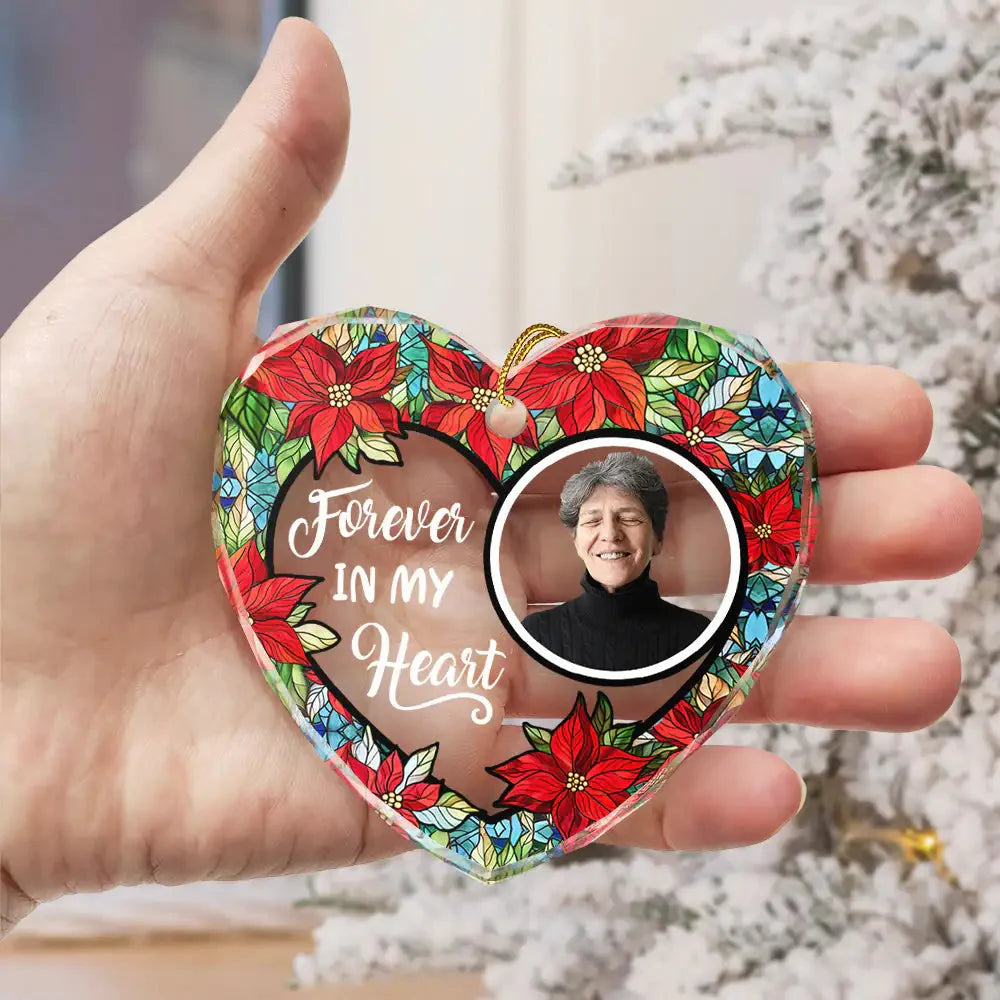 Custom Photo Floral Forever In Our Hearts - Personalized Heart Shaped Glass Ornament