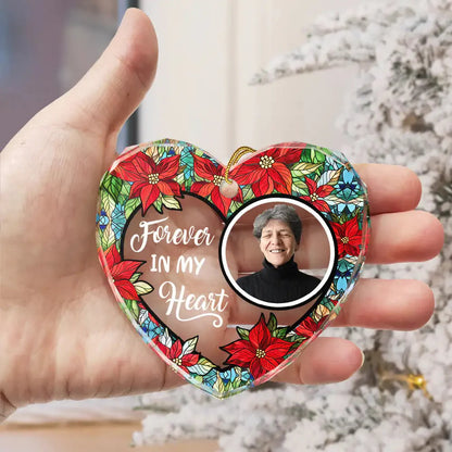 Custom Photo Floral Forever In Our Hearts - Personalized Heart Shaped Glass Ornament