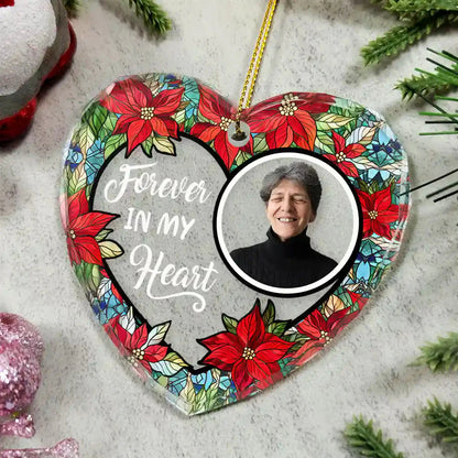 Custom Photo Floral Forever In Our Hearts - Personalized Heart Shaped Glass Ornament