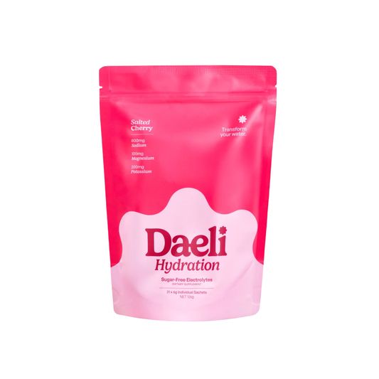 Pink packaging of Daeli Hydration on a white background