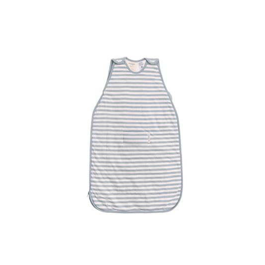 A sleeveless baby sleep sack with horizontal light blue and white stripes, featuring a small front pocket, shown against a plain white background.