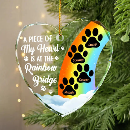 A Piece Of My Heart Is At The Rainbow Bridge Memorial Dog Cat - Personalized Heart Shaped Glass Ornament