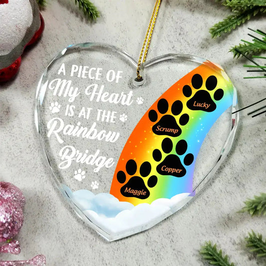 A Piece Of My Heart Is At The Rainbow Bridge Memorial Dog Cat - Personalized Heart Shaped Glass Ornament