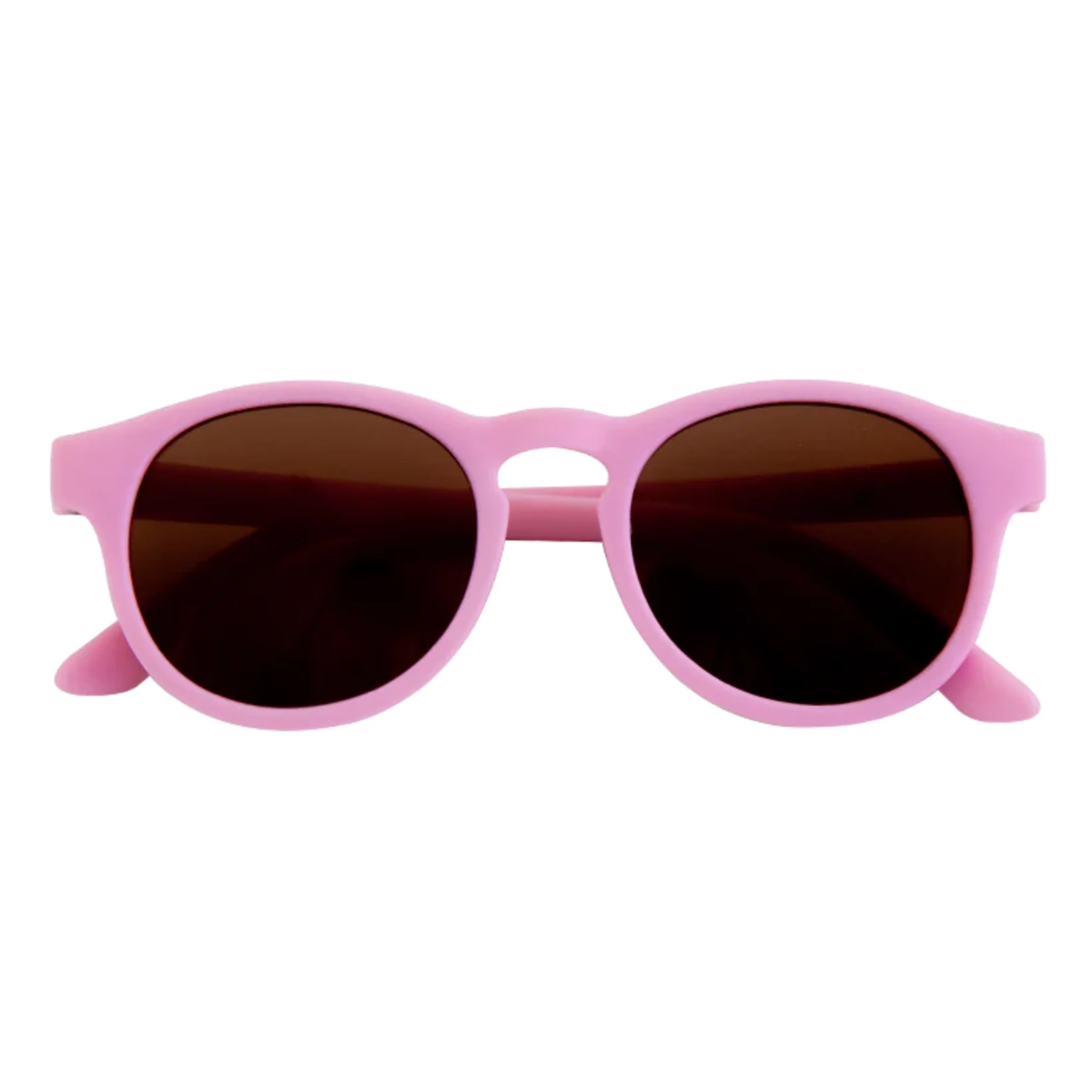 Pink sunglasses with dark lenses on a white background