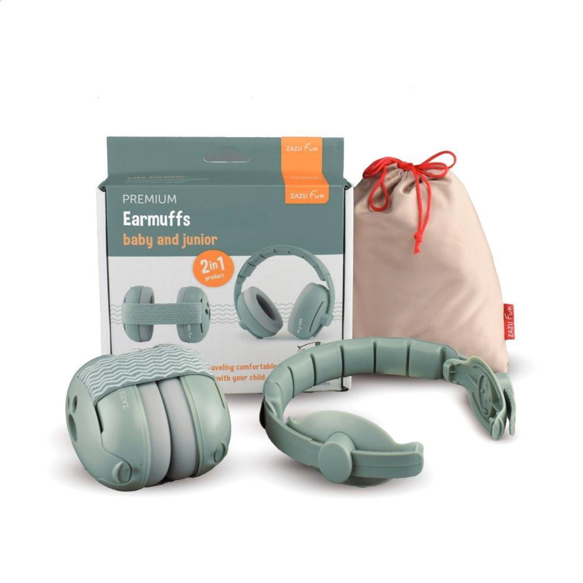 Zazu 2-in-1 Green earmuffs with packaging and drawstring bag on a white background