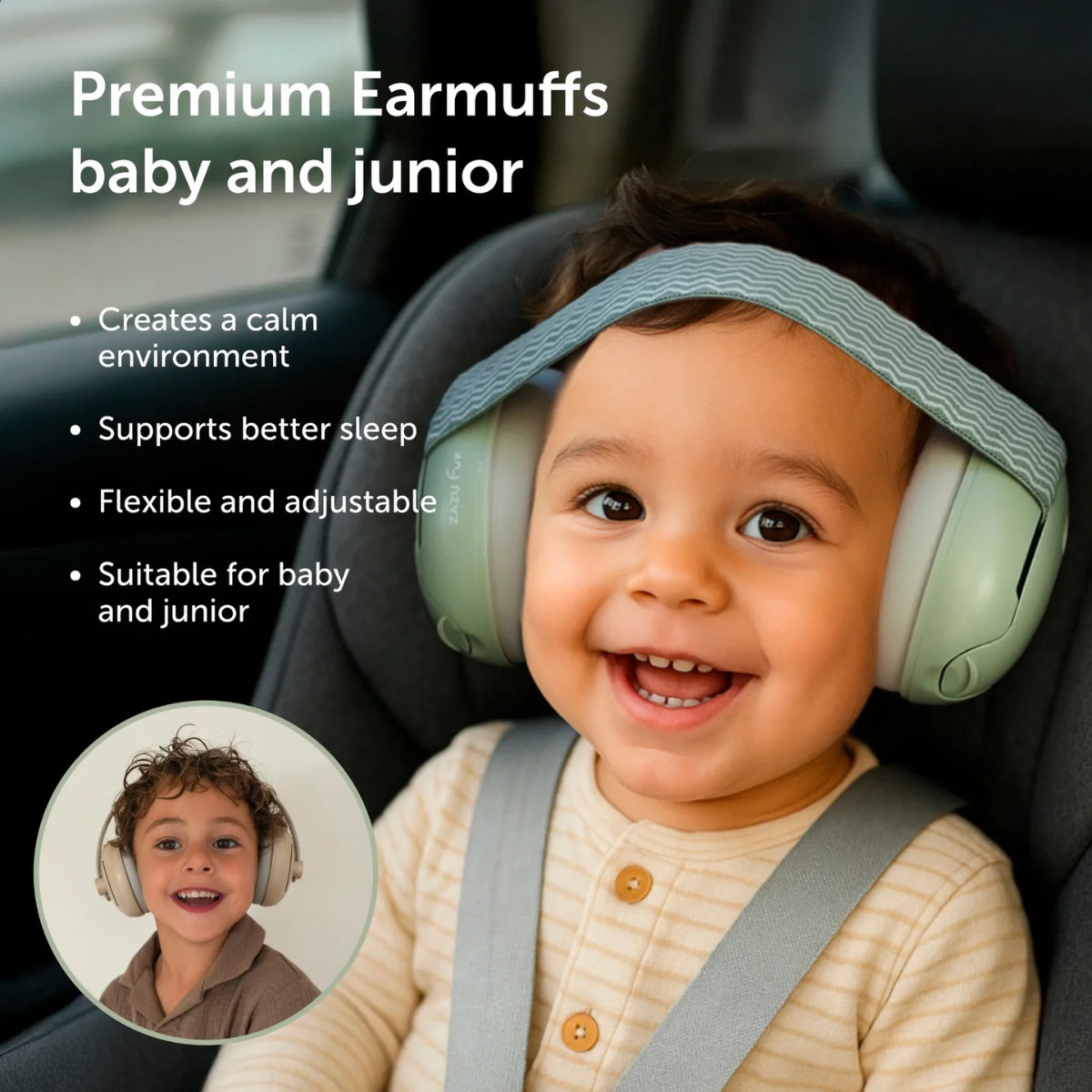 Child wearing premium earmuffs in a car seat with product features listed.