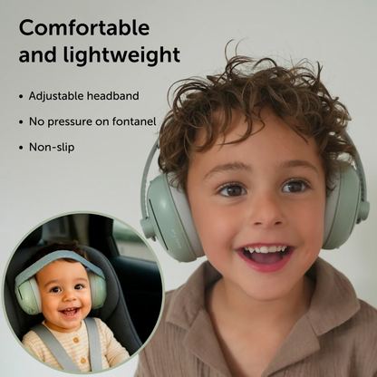 Child wearing headphones with text highlighting features on a light gray background
