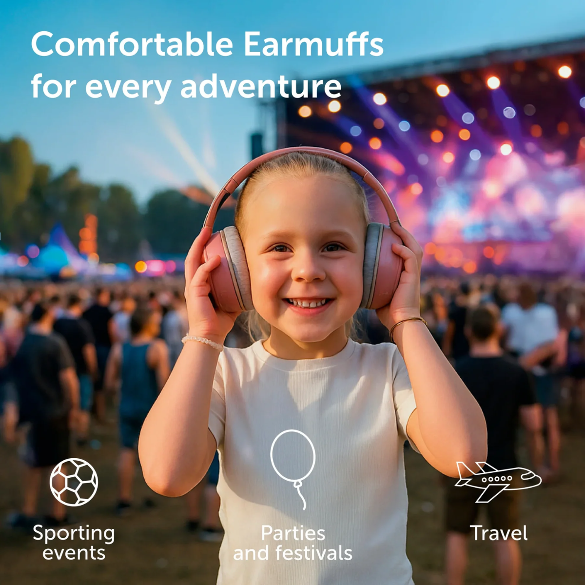 Child wearing pink earmuffs at a concert with text 'Comfortable Earmuffs for every adventure' and icons for sporting events, parties and festivals, and travel.