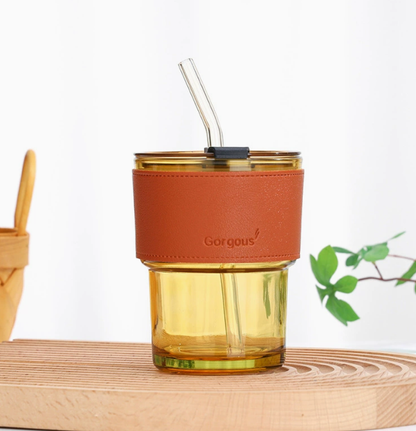 380ml Glass Water Bottle with Lid and Straw (1pc)