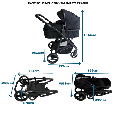 Newborn Pram – Palms Stroller with Bassinet and Car Seat (Black)