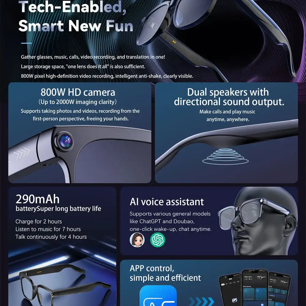 AI Smart Glasses with 8MP Camera & Bluetooth Audio