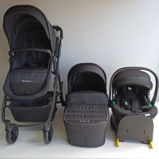 Baby Brightness Palms 1+ baby stroller + carrycot + capsule + ISOFIX base travel system Black
