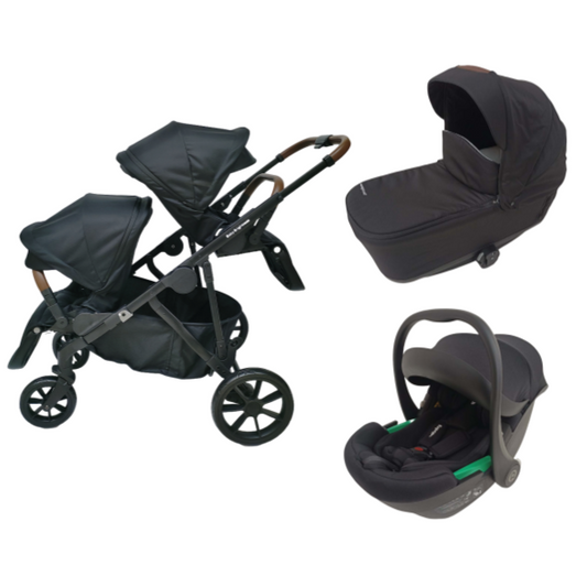 Baby Brightness Luxe twin stroller with bassinet and i-size infant car seat black