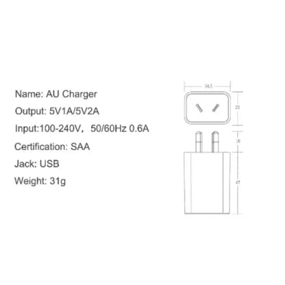 AU Travel Adapter USB Charger 5V 1A/2A