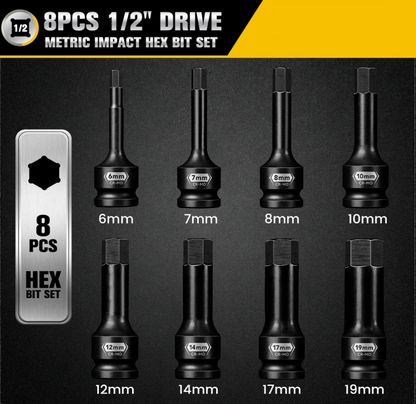 8PCS 1/2" Dr. Impact Bit Socket Hex 5-19mm