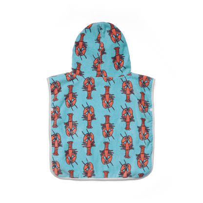 The back of a baby hooded towel with lobsters on a plain white background.