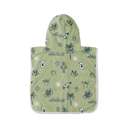 The back of a baby hooded towel with characters on a plain white background.