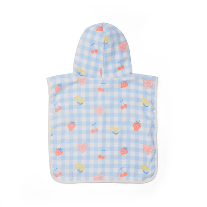 The back of a baby hooded towel with fruits on a plain white background.