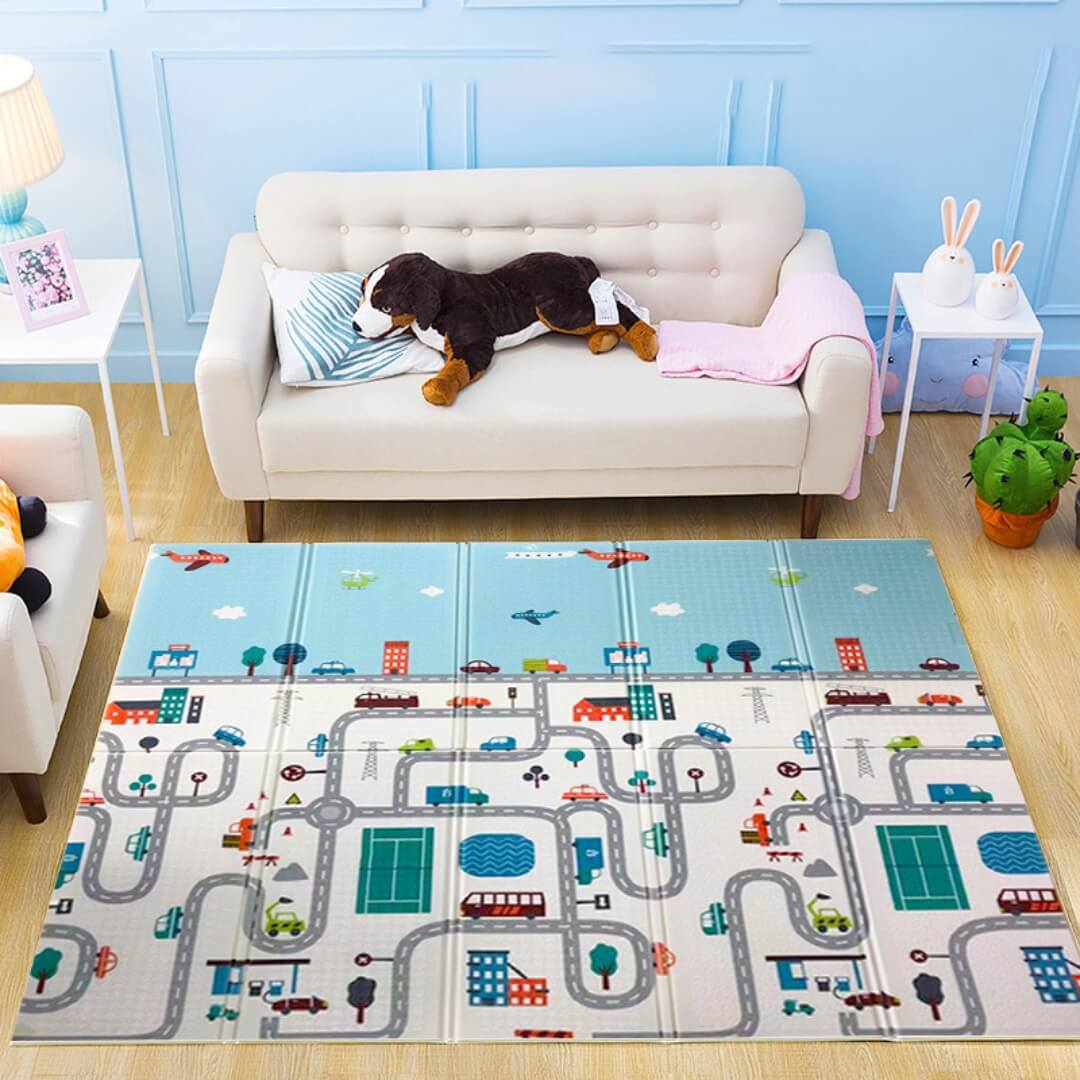 200x180x1 cm Foldable Baby Playmat with Carry Bag - City Road & Hill Double Sides-A
