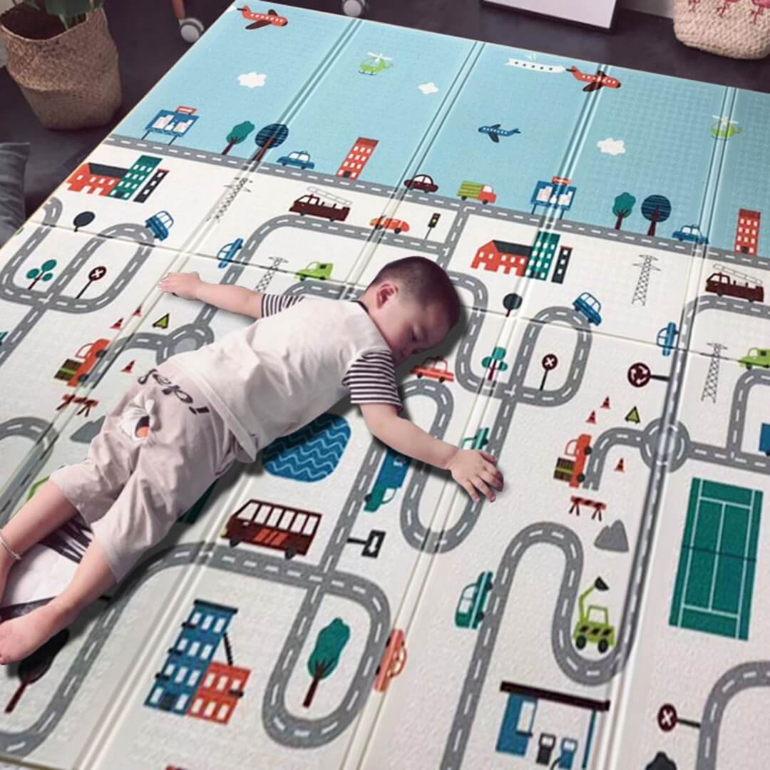 200x180x1 cm Foldable Baby Playmat with Carry Bag - City Road & Hill Double Sides-A