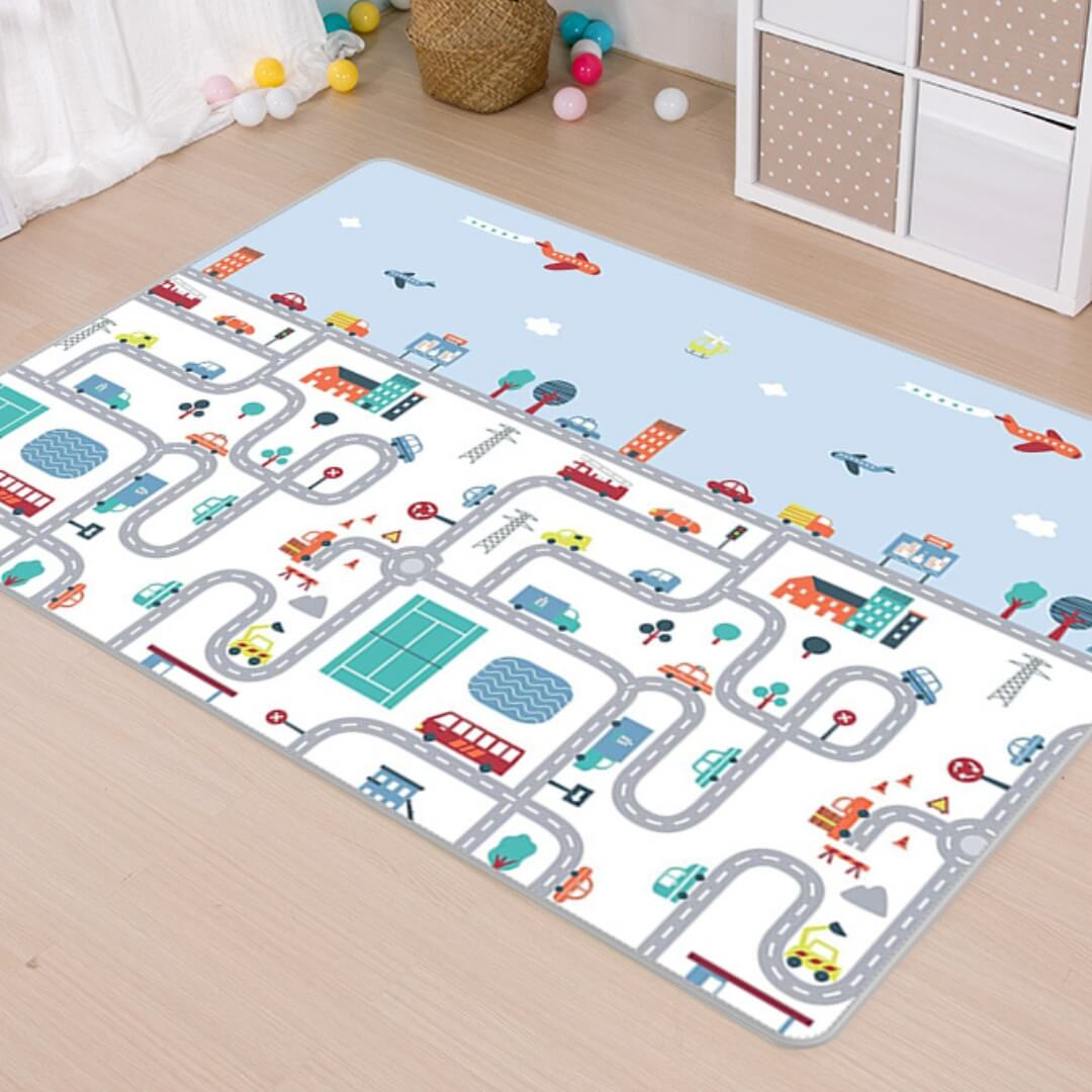 200x180x1 cm Foldable Baby Playmat with Carry Bag - City Road & Hill Double Sides-A
