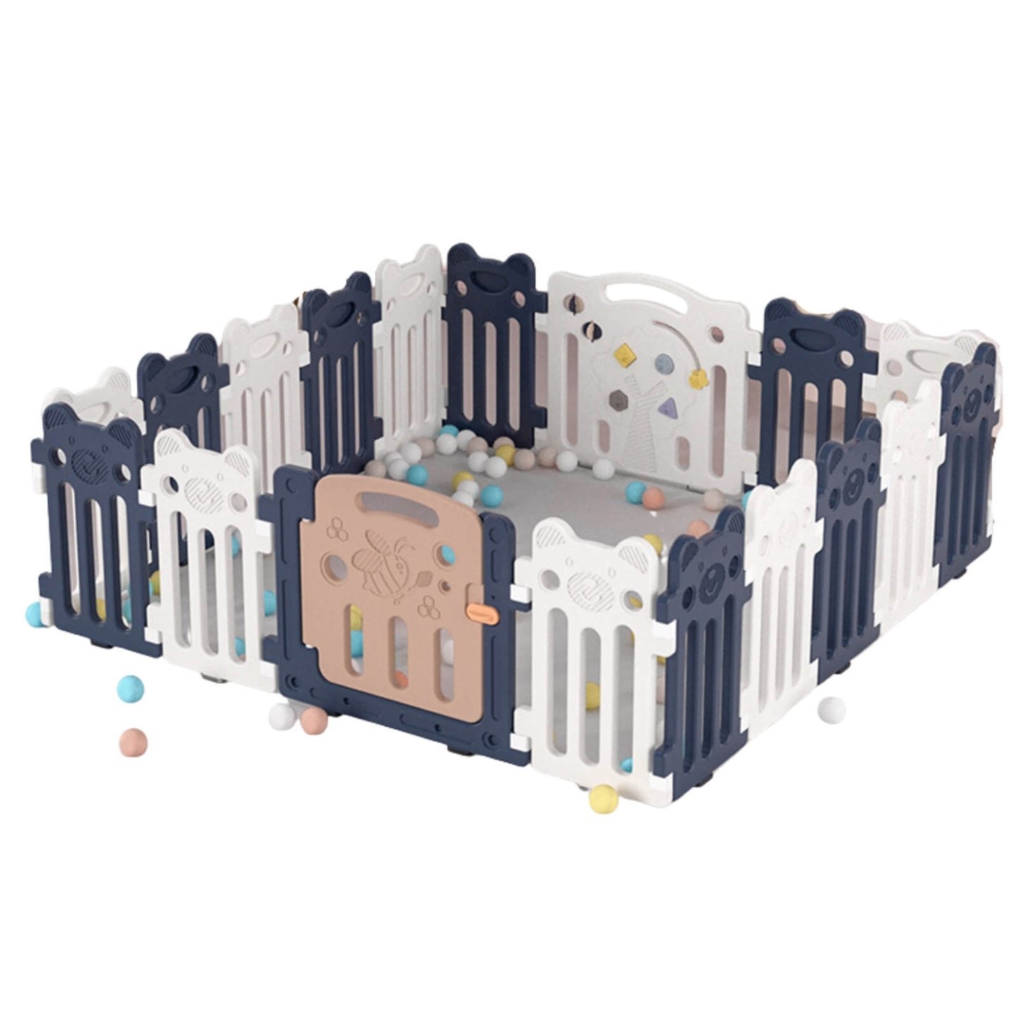 Baby Playpen 16+2 Panels (Little Bear & Bee)-Blue / White